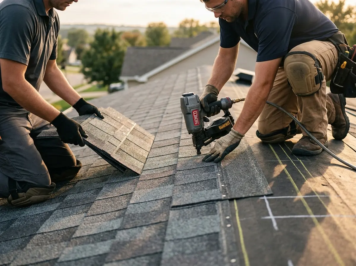 Professional roofer working on a residential roof in North Bay Village